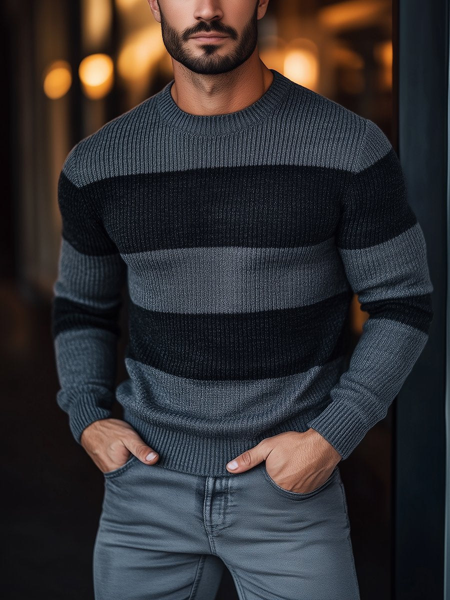 Pánsky retro pulóver s pruhovaným okrúhlym výstrihom - Pohodlný a štýlový