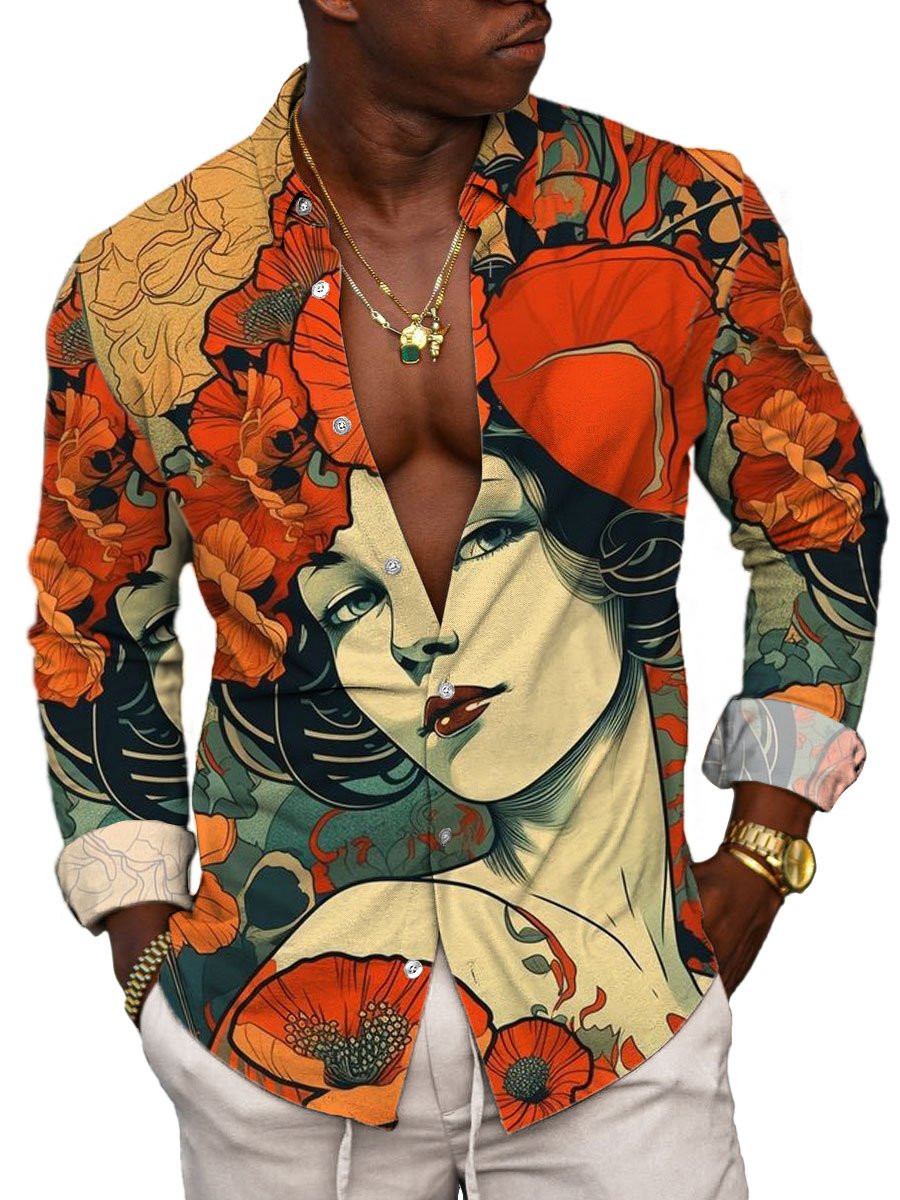 Chemise décontractée à manches longues pour homme avec imprimé beauté rétro - Unique & stylé