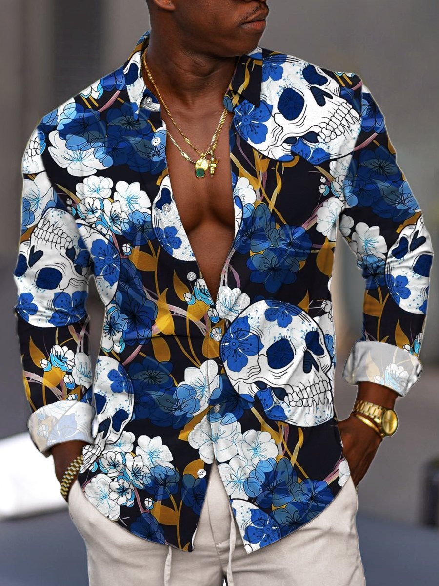Chemise homme à manches longues style vintage avec imprimé tête de mort et fleurs - Stylé
