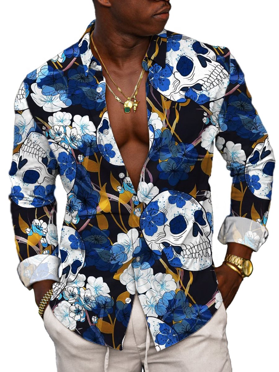 Chemise homme à manches longues style vintage avec imprimé tête de mort et fleurs