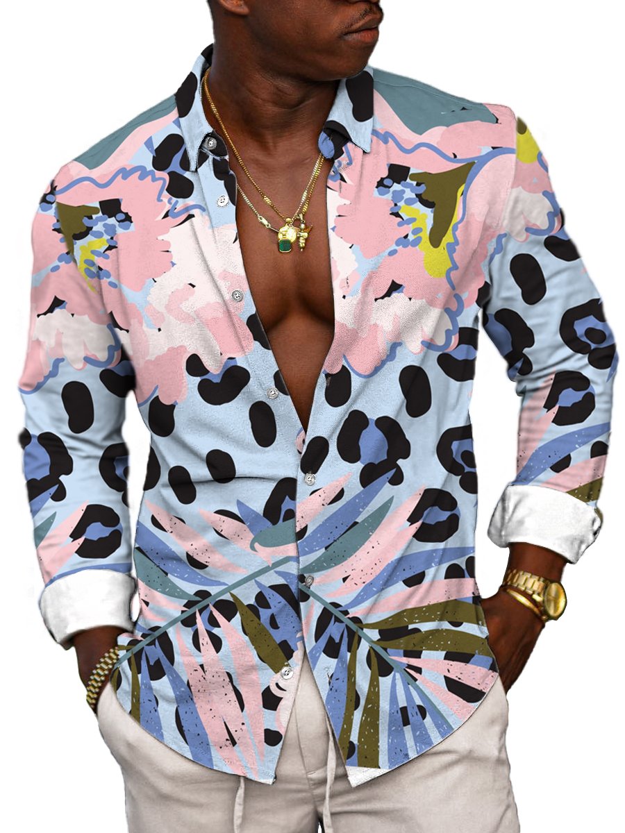 Chemise décontractée à manches longues avec imprimé léopard et floral - élégante & unique