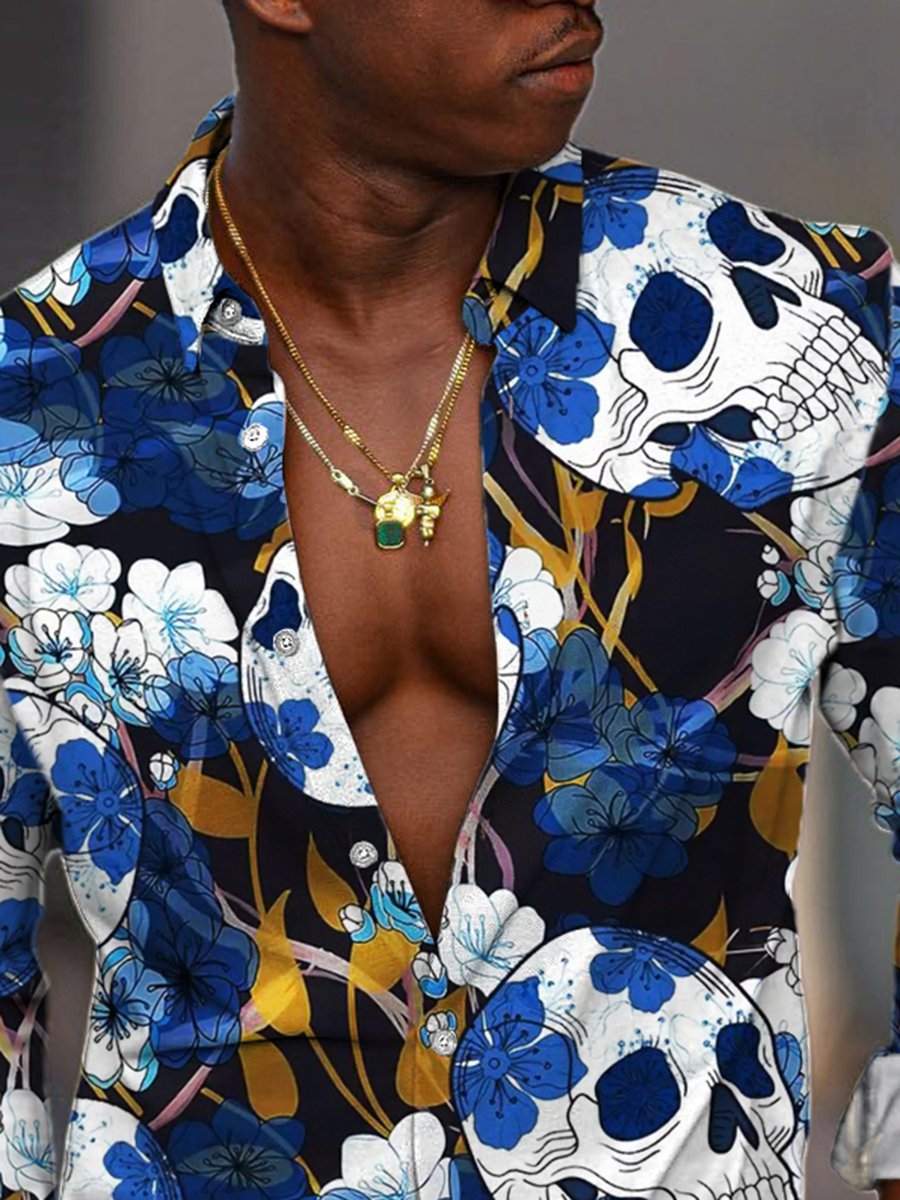 Chemise homme à manches longues style vintage avec imprimé tête de mort et fleurs