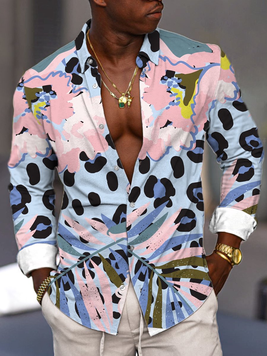 Chemise décontractée à manches longues avec imprimé léopard et floral - élégante & unique