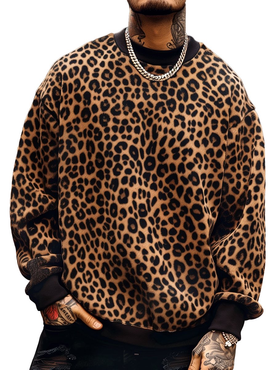 Maglione da uomo con motivo leopardato, scollo rotondo e maniche lunghe
