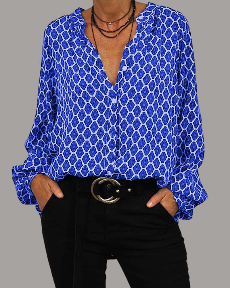 Livia – Blusa con scollo a V in misto cotone e design a motivo