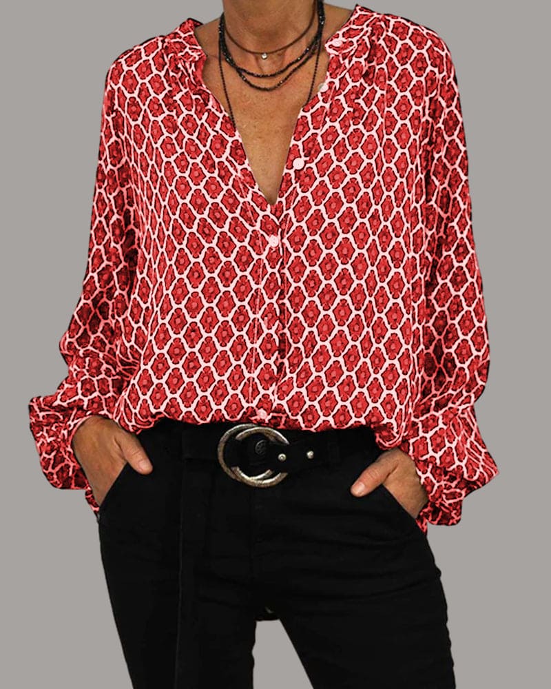 Livia – Blusa con scollo a V in misto cotone e design a motivo