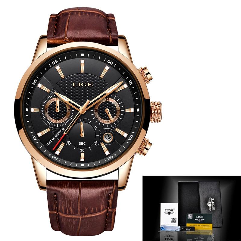 Lige – Orologio da uomo elegante con cinturino in pelle e funzione data