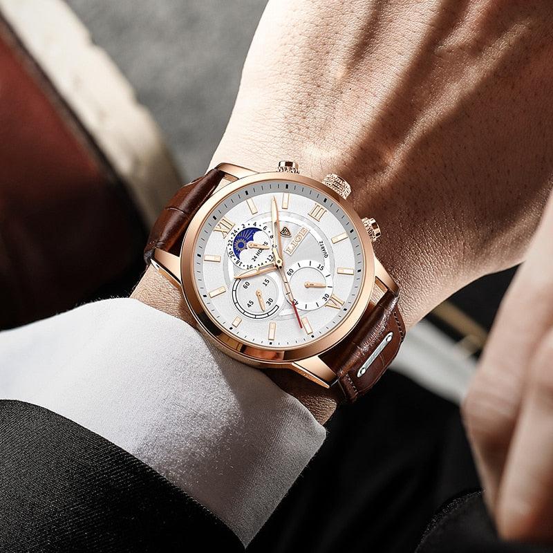 Lige – Orologio da uomo elegante con cinturino in pelle e funzione data