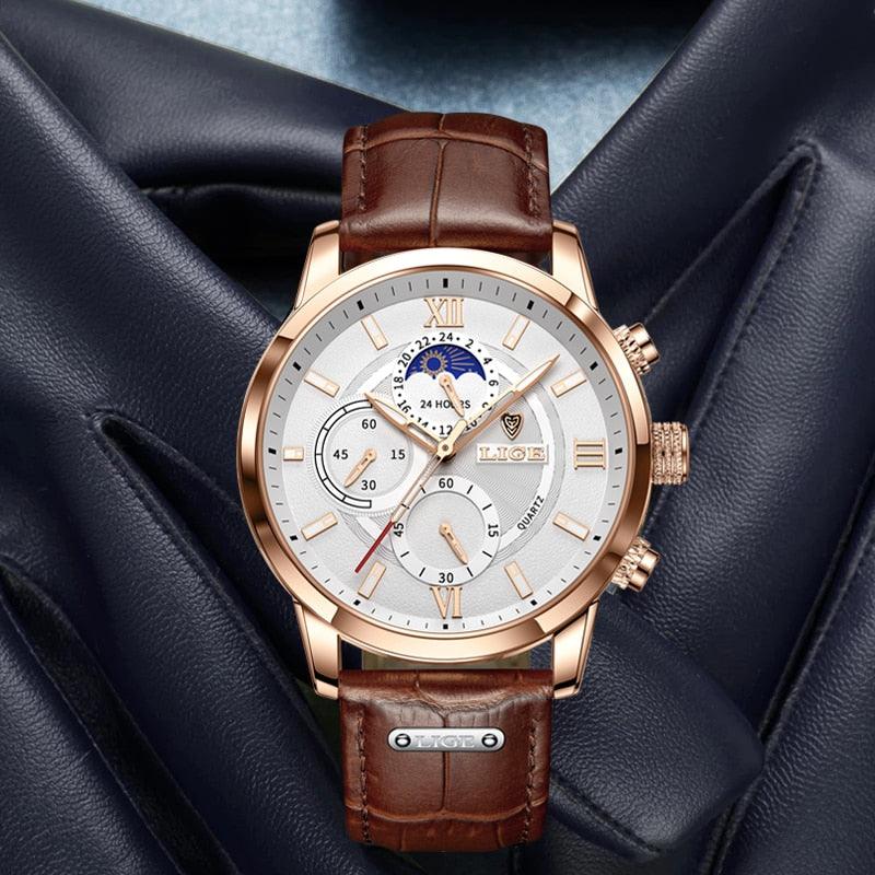 Lige – Orologio da uomo elegante con cinturino in pelle e funzione data