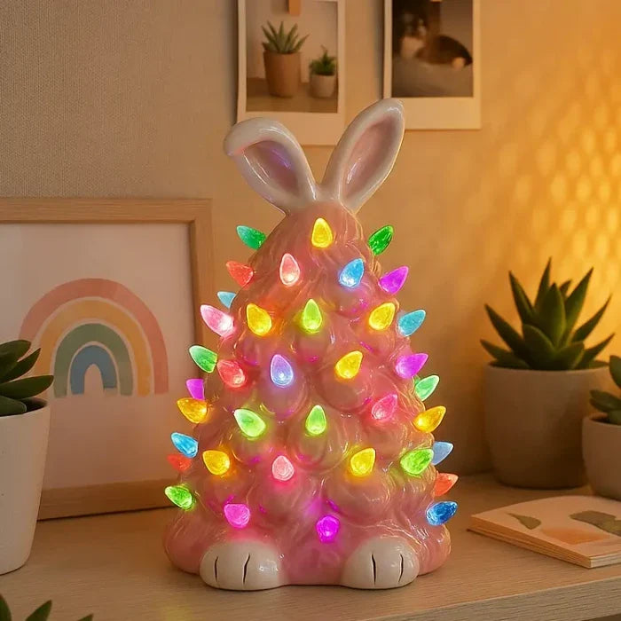 Konijnenlamp in roze – decoratief konijnenfiguur dat oplicht in regenboogkleuren