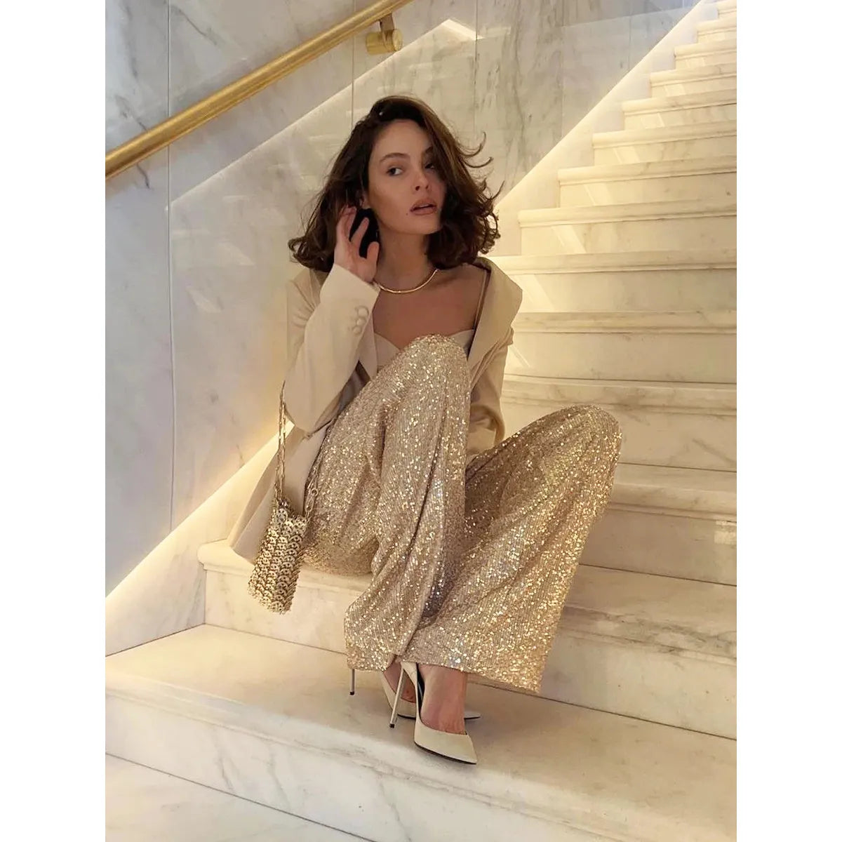 Luna pantaloni a paillettes – lucentezza setosa per apparizioni glamour