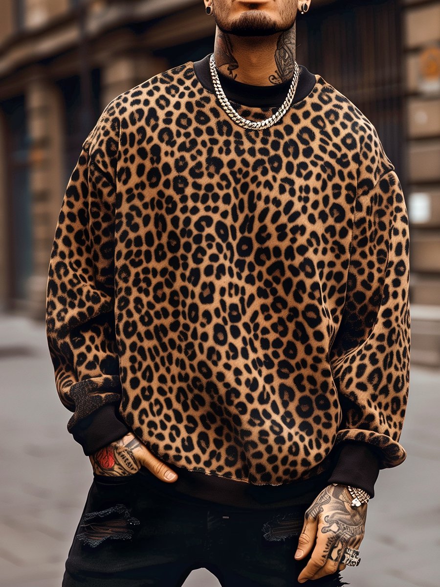 Maglione da uomo con motivo leopardato, scollo rotondo e maniche lunghe