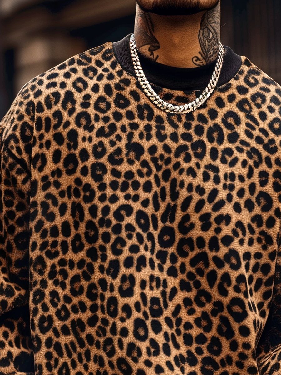 Maglione da uomo con motivo leopardato, scollo rotondo e maniche lunghe