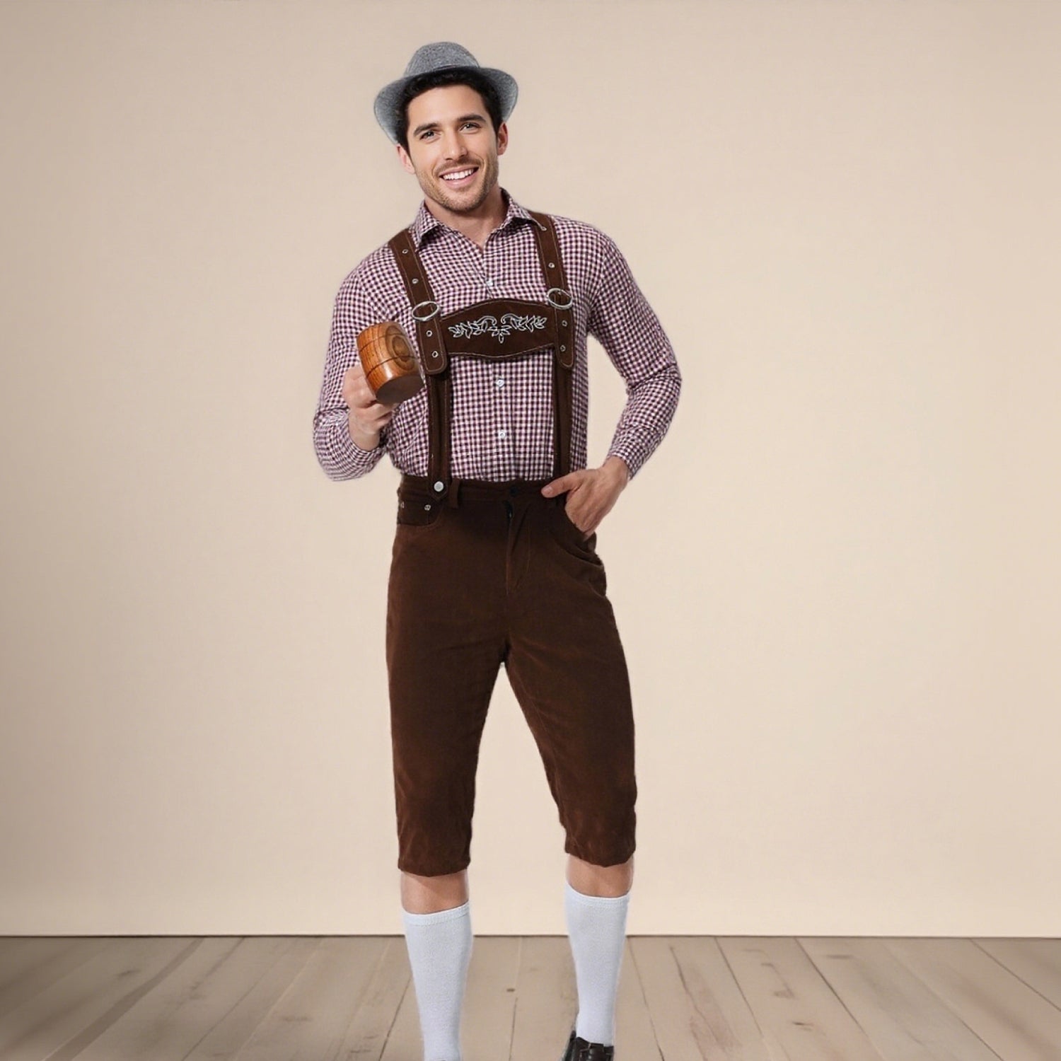 Bergfest – pánsky kostým s košeľou, trakovými nohavicami a tradičným klobúkom – Oktoberfest vzhľad