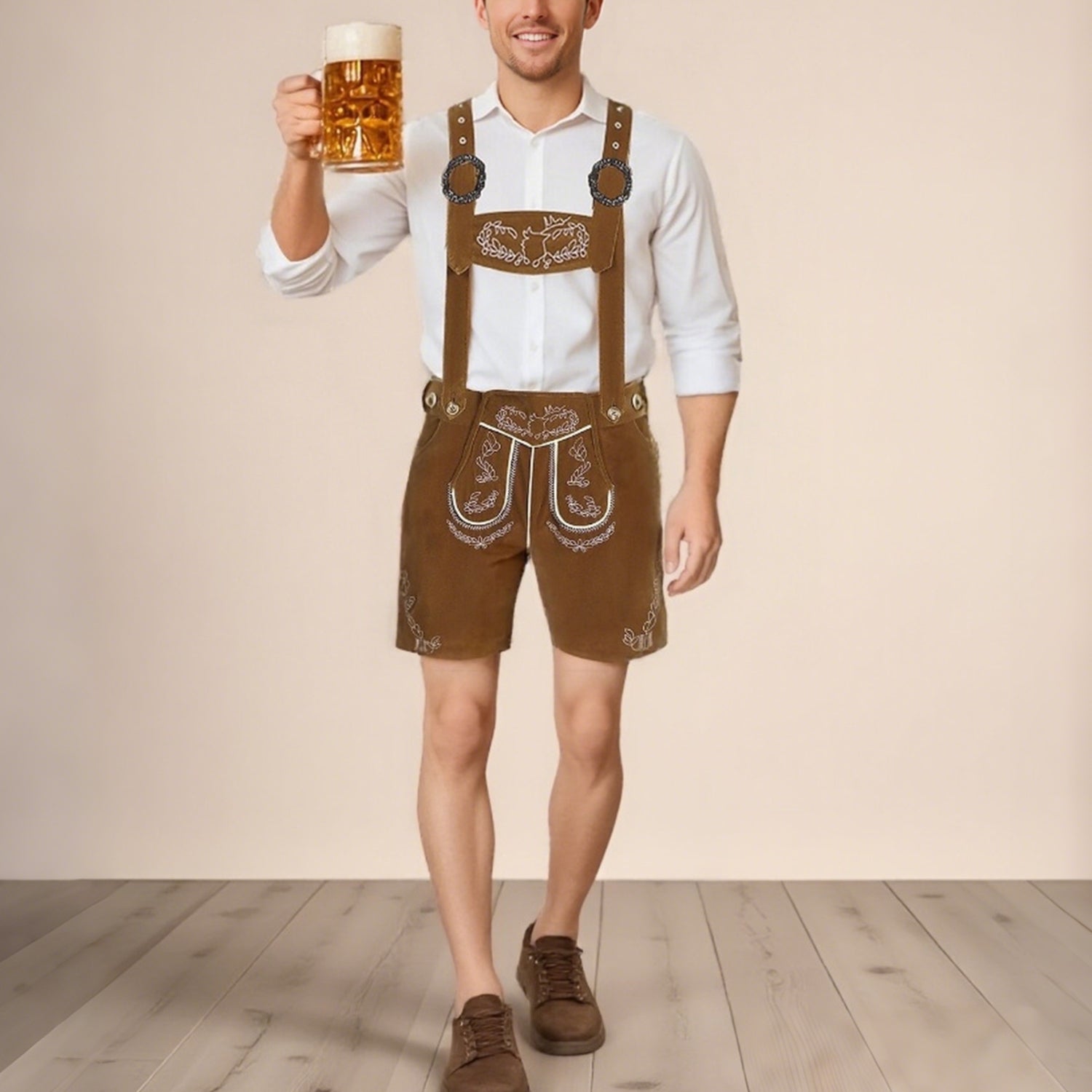 Berggeist – bavorské kožené nohavice hnedé s výšivkou – Oktoberfest pánske