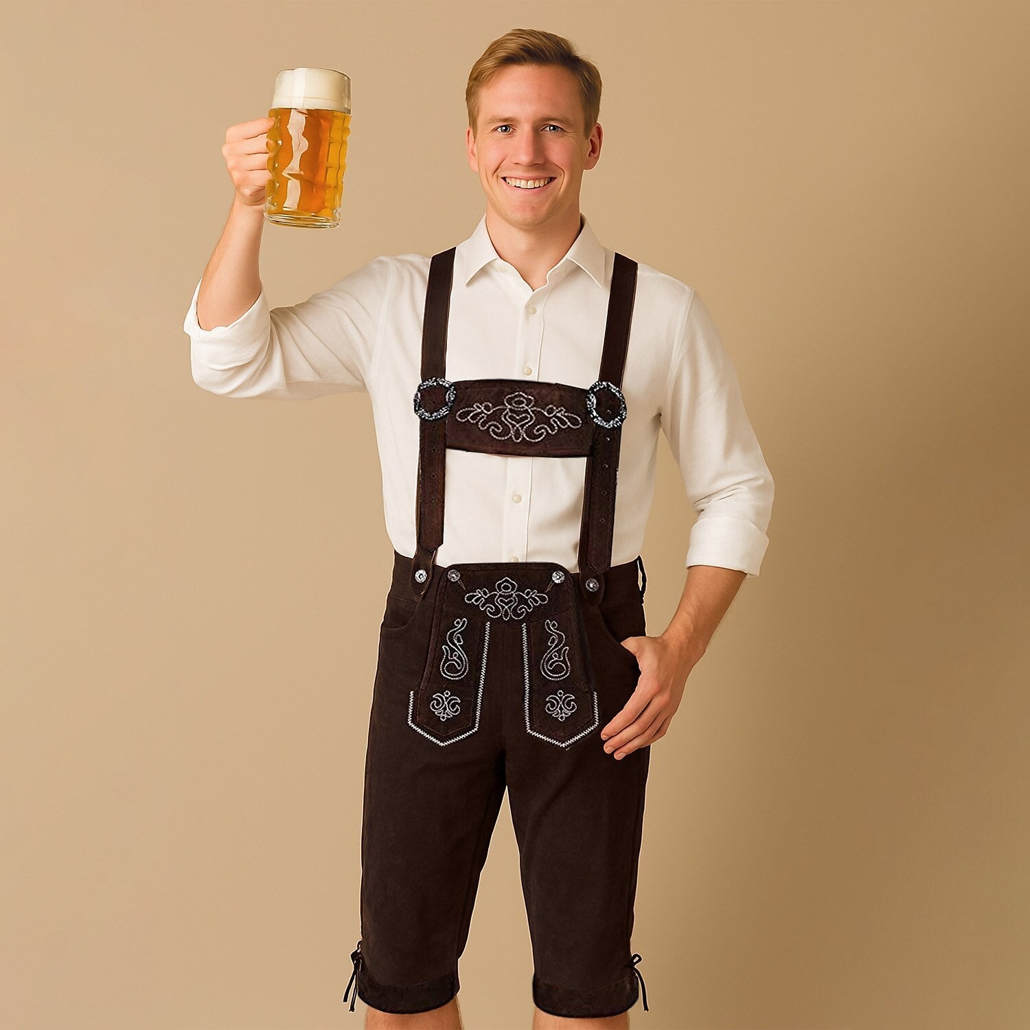 Alpenkraft – Lederhosen-shorts ruskindlook med broderi – Oktoberfest herre