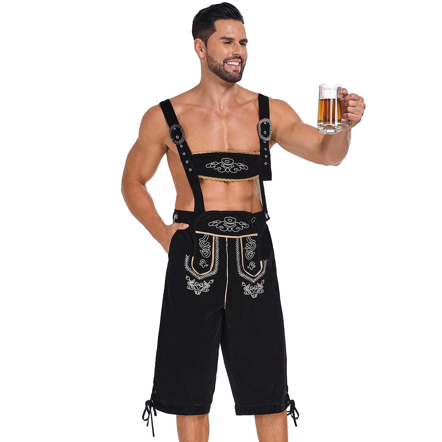 Bergkönig – Pánske kožené nohavice s výšivkou a trakmi – Oktoberfestový vzhľad